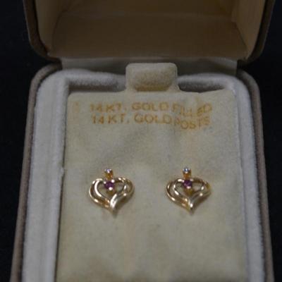 14K Gold Filled Heart Earrings 14K Posts w/ Ruby & Diamond 1.2g