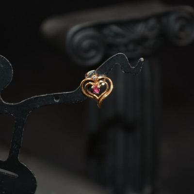 14K Gold Filled Heart Earrings 14K Posts w/ Ruby & Diamond 1.2g