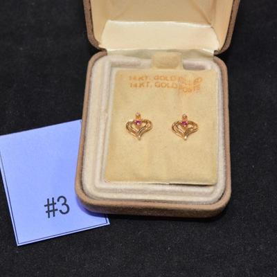 14K Gold Filled Heart Earrings 14K Posts w/ Ruby & Diamond 1.2g