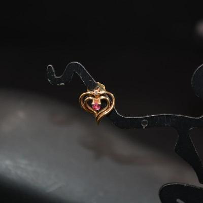 14K Gold Filled Heart Earrings 14K Posts w/ Ruby & Diamond 1.2g