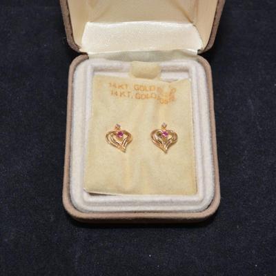 14K Gold Filled Heart Earrings 14K Posts w/ Ruby & Diamond 1.2g
