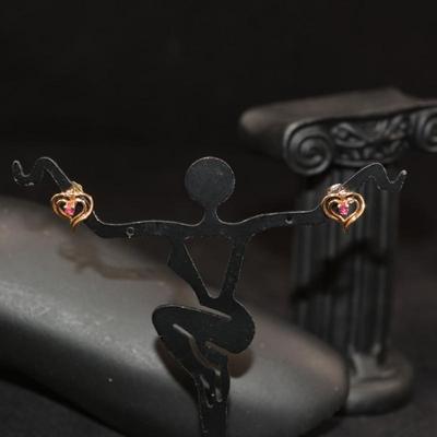 14K Gold Filled Heart Earrings 14K Posts w/ Ruby & Diamond 1.2g