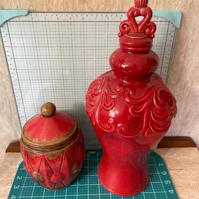 4 Large red ceramic canisters