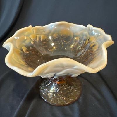 Fenton Cameo Opalescent Glass Water Lily Compote Footed Candy Dish with pads