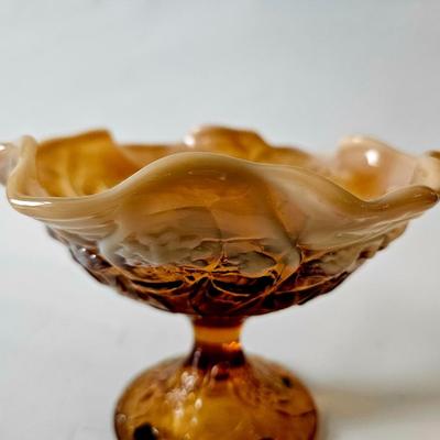 Fenton Cameo Opalescent Glass Water Lily Compote Footed Candy Dish with pads