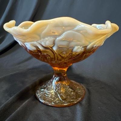 Fenton Cameo Opalescent Glass Water Lily Compote Footed Candy Dish with pads