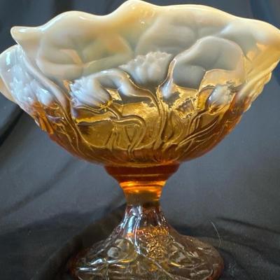 Fenton Cameo Opalescent Glass Water Lily Compote Footed Candy Dish with pads