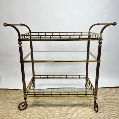 997 Midcentury LaBarge Three Tier Double Handle Beveled Glass Rolling Brass Cart