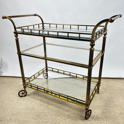 997 Midcentury LaBarge Three Tier Double Handle Beveled Glass Rolling Brass Cart