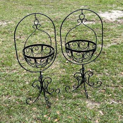 Pair (2) ~ Metal Hanging Plant Baskets With Stands
