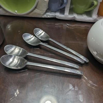 Sterling silver French press, sterling silver (4)spoons, sugar bowl with spoon, kids or espresso cup and saucer set