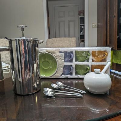Sterling silver French press, sterling silver (4)spoons, sugar bowl with spoon, kids or espresso cup and saucer set