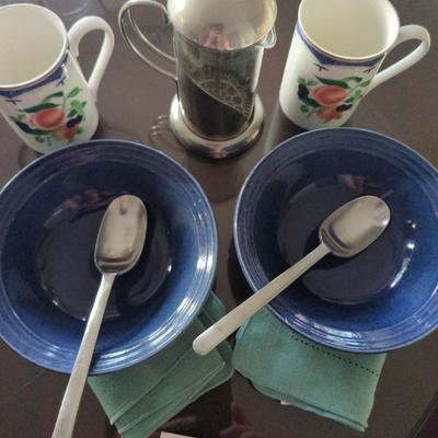Breakfast for 2: LaCafetier 3 cup French press, 2 stainless steel spoons, 2 napkins, 2 Mikasa bowls, 2 Mikasa Peach Royale Ultima...