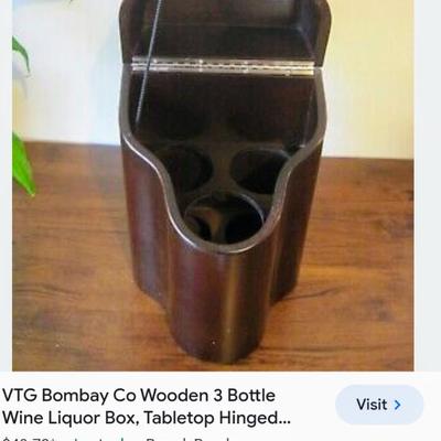 Vintage Bombay Co Wooden 3 Bottle Wine Liquor Box, Tabletop Hinged Mahogany Wood