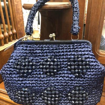 Vintage Navy Rattan Beaded Clutch Purse (Made in Japan)