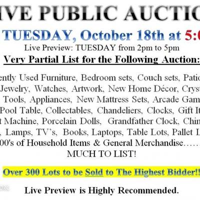 LIVE PUBLIC AUCTION This TUESDAY, October 18th at 5:00pm