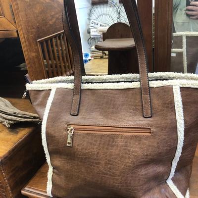 Jen & Co Lulu Sherpa Trim Tote Brown Faux Leather Purse with Front Pocket