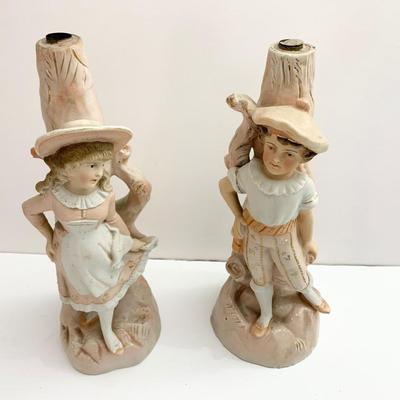 Antique Porcelain Jack & Jill Figural Candle Stands