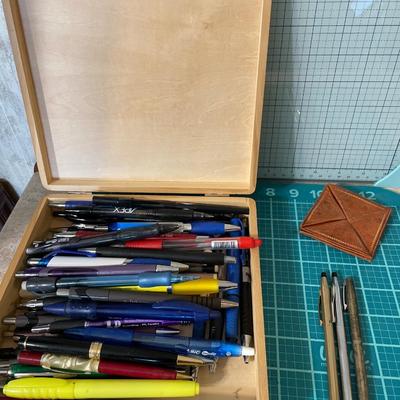 Vintage Sterling pencils, box of pens and small wallet
