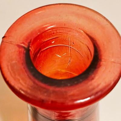 19" Amberina-colored Crackle Glass Flame W Stopper Decanter Vintage in the Midcentury style, may be a later repro