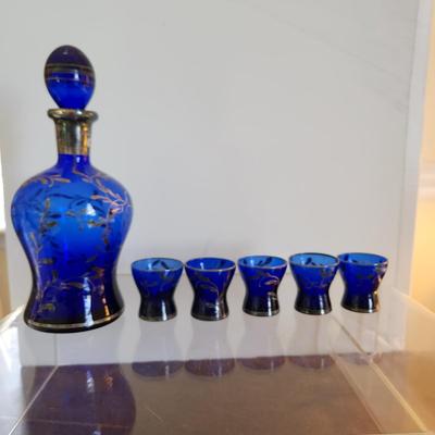 Vintage Cobalt Blue Decanter & 5 Shot Glasses
