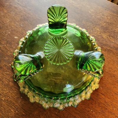 Ornate Green Glass Covered Bowl