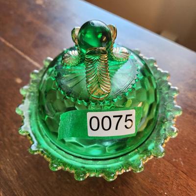 Ornate Green Glass Covered Bowl