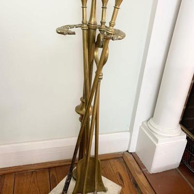 Early Antique Brass Fireplace Set On Marble Base