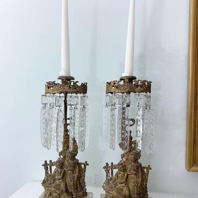 12â€ Ornate Gold Guilt Figural Candle Bases w/Decorative Prisms