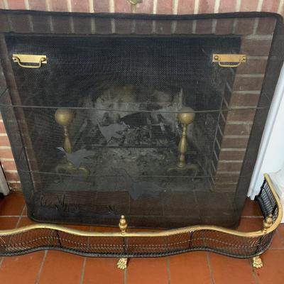 Brass Fireplace Screen Andirons & Footed Skirt
