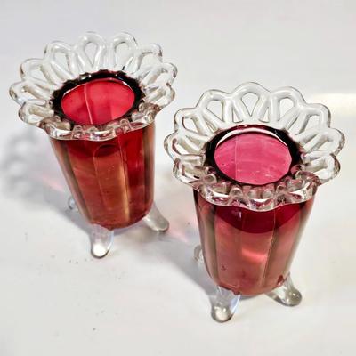 Antique Cranberry Glass Vase Pair