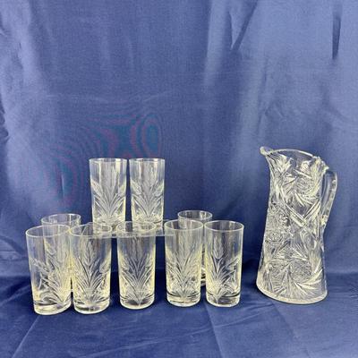 1007 Vintage American Cut Glass Pitcher with Etched Wheat Tumblers