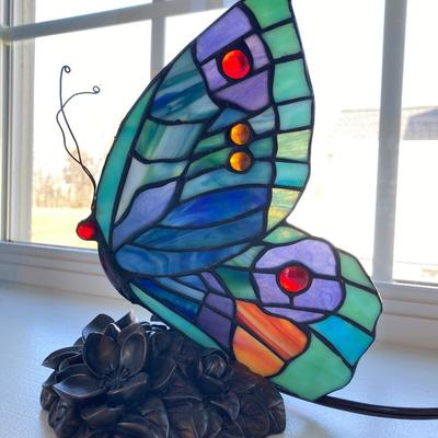 LOT 216: Stained Glass Butterfly Lamp with Replacement Bulbs