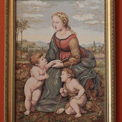 Vintage Framed Tapestry Renaissance Raphael's Madonna and Child & St. John Paul