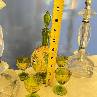 Decorative Vintage Glass Lot - Lamps, Cordial Decanter w Cups