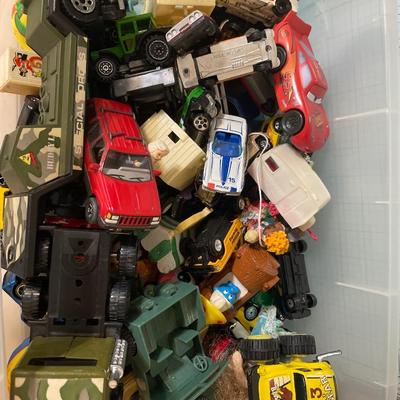 Tote of cars and other miscellaneous toys
