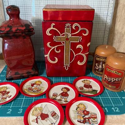 Cross canister and Campbell coasters & S&P shakers