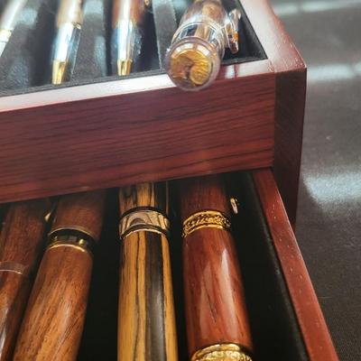LOT OF 24 HAND CRAFTED/CARVED WOOD PENS WITH CASE