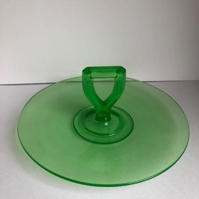 LOT 9K: Vintage Green Glass - Fan Vase, Frosted Candle Holders, Avon Bottle & Sandwich Tray