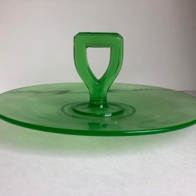 LOT 9K: Vintage Green Glass - Fan Vase, Frosted Candle Holders, Avon Bottle & Sandwich Tray