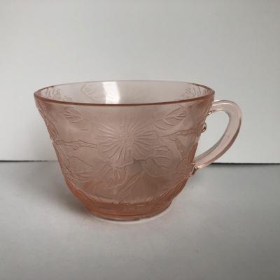 LOT 10K: Vintage Pink Depression Glass & More - Cups, Bowl marked Indonesia, Heart Dish, & Anchor Hocking Square Plate