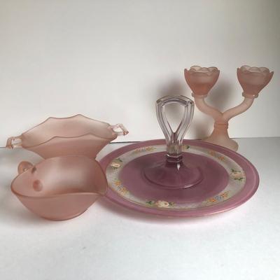 LOT 11K: Vintage Pink Glass - Ornate Sandwich Tray, Frosted Candle Holder, Handled Bowl & More
