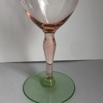 LOT 13K: Vintage Deco Dunbar Pink Depression Glass Pitcher, Vintage Watermelon Pink Stemmed Etched Wine Glasses (3) & Vintage Green...