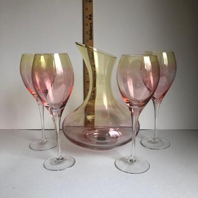 LOT 14K: Circleware Romania Art Glass Sunset Color Wine Carafe & Four Matching Glasses