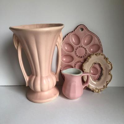 LOT 18K: Vintage Pink Pottery - McCoy Double Handled Art Deco Vase, Hall Cream Pitcher, Egg Dish made in Japan & Light Switch Cover