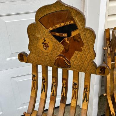 LOT 86G: Egyptian Themed Wooden Folding Chairs and Table Set