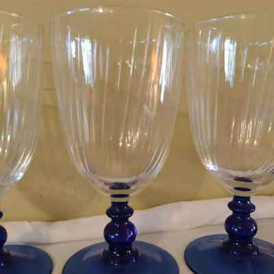 Set of Six Crystal Wine/Water Glasses with Cobalt Blue Stems