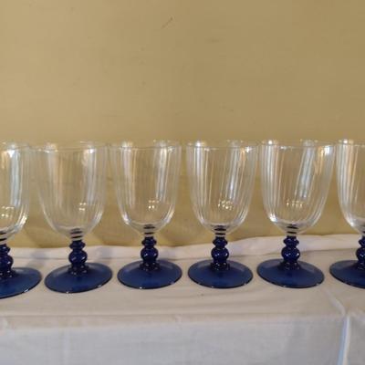 Set of Six Crystal Wine/Water Glasses with Cobalt Blue Stems