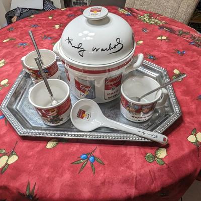 Andy Warhol Signed 3 pc Soup Taureen and Campbells Soup Mug/Bowls, with spoons and tray