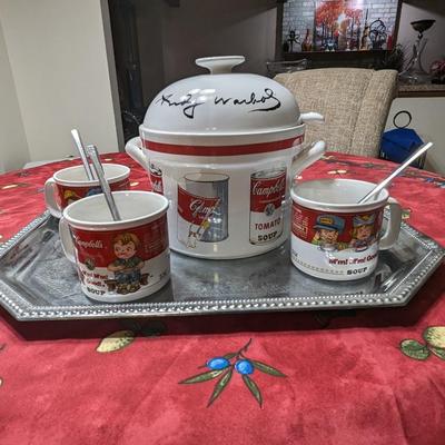 Andy Warhol Signed 3 pc Soup Taureen and Campbells Soup Mug/Bowls, with spoons and tray